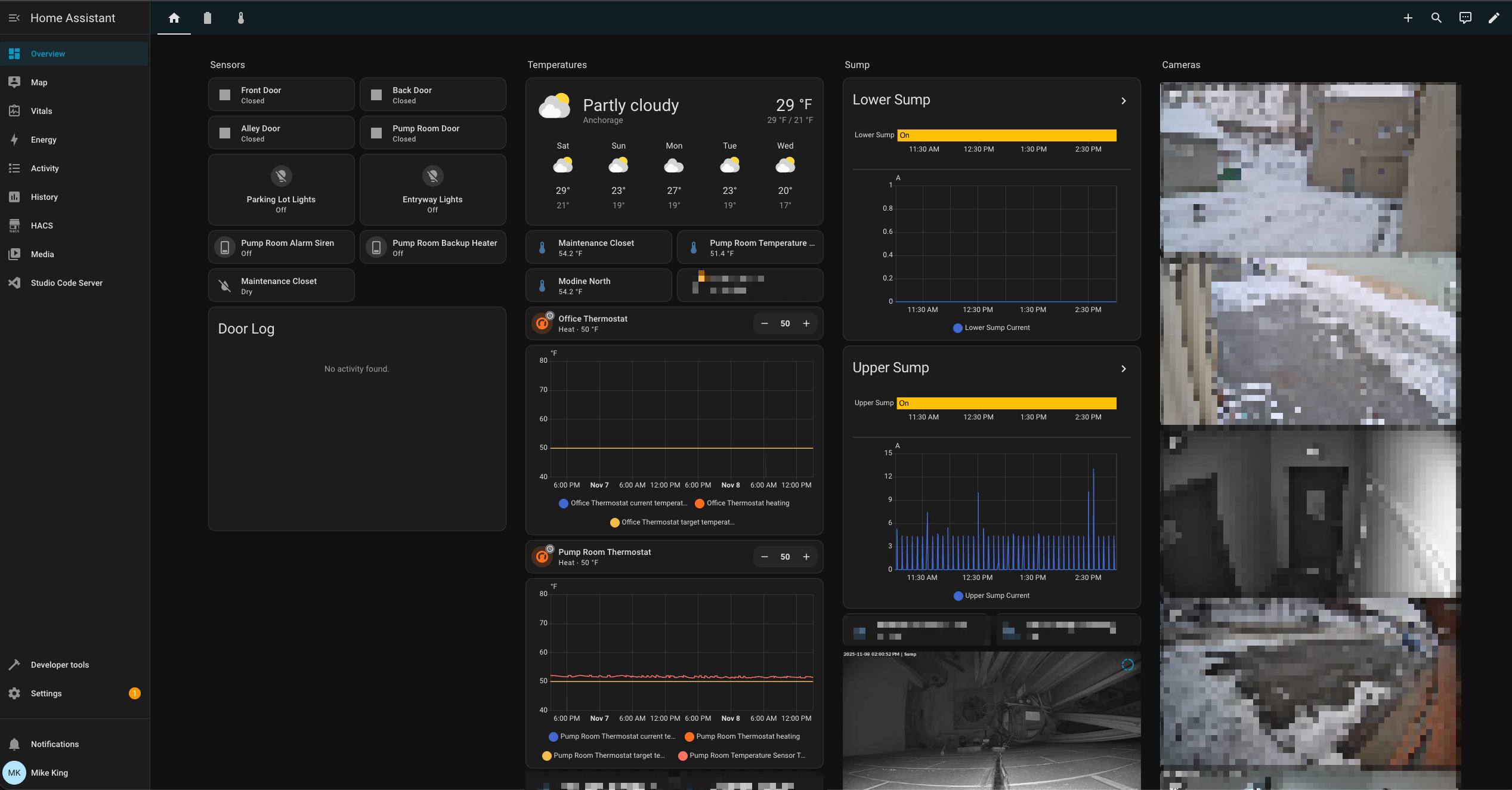 Home Assistant dashboard showing cameras, sump pump status, leak sensors, and door logs for the Alaska property