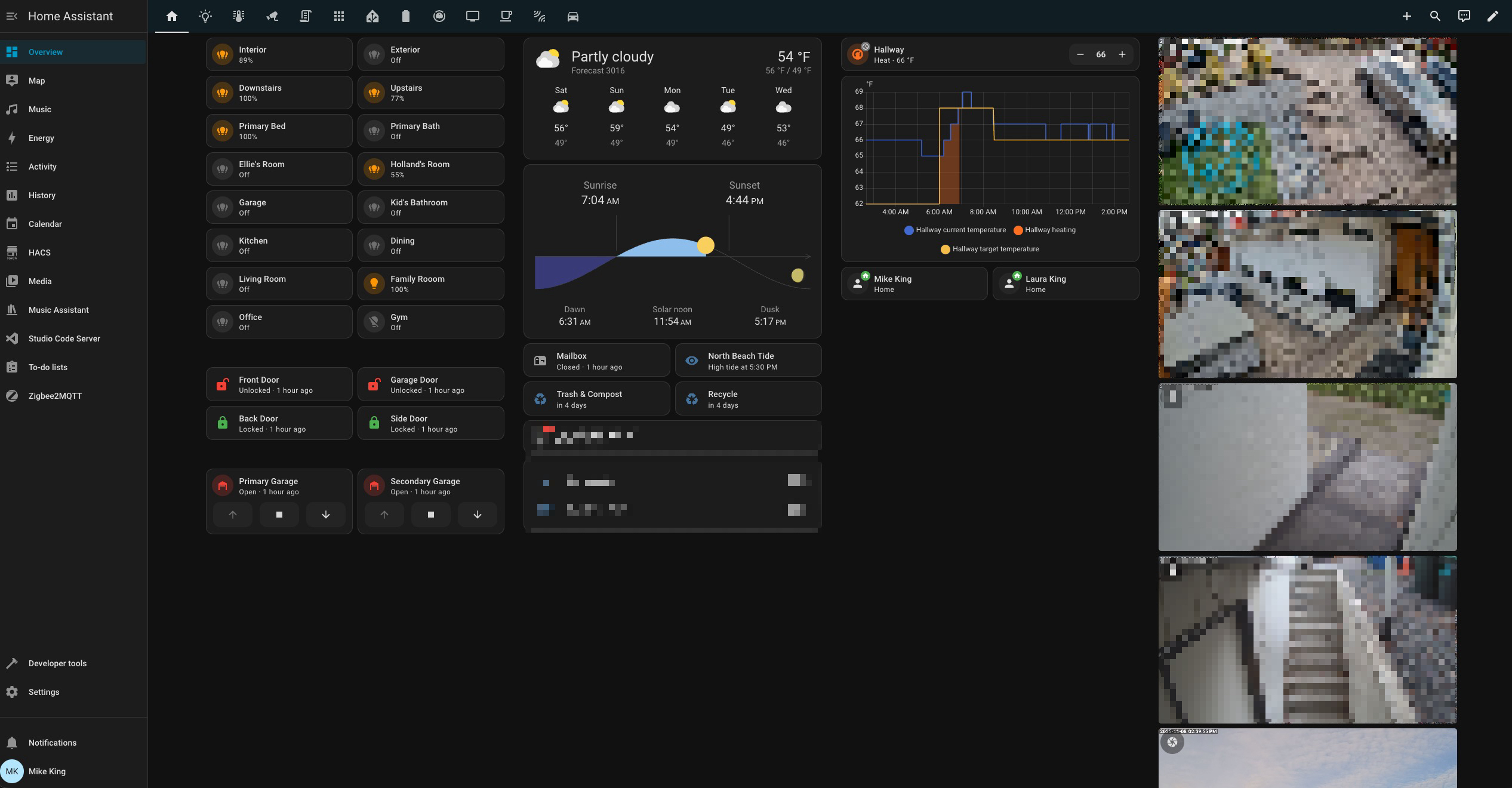 Home Assistant dashboard screenshot showing lights, media, climate, and presence cards with camera feeds redacted